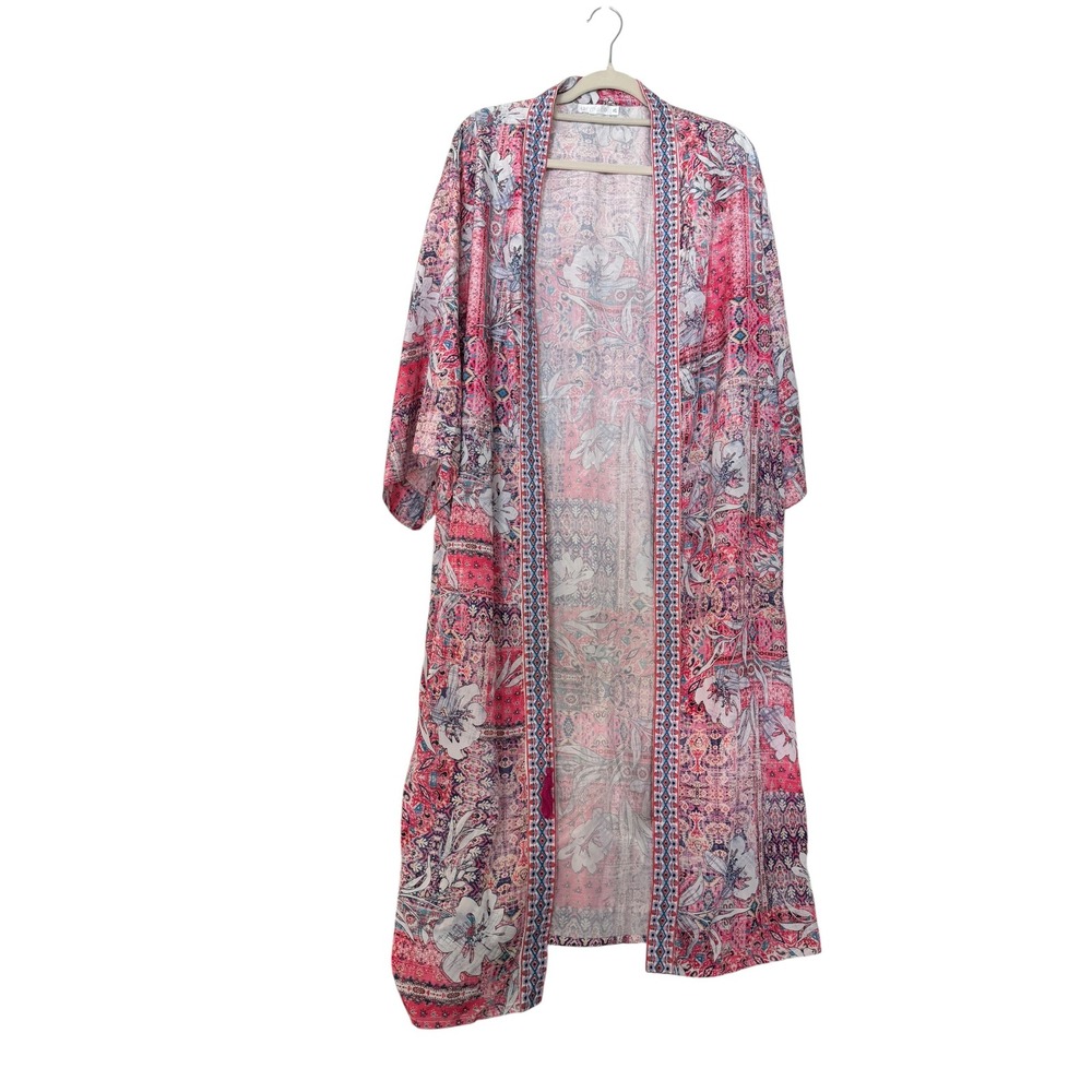 Karyn Seo Maxi Open Cardigan Kimono style Floral Geometric Print Trim Sz XL Boho